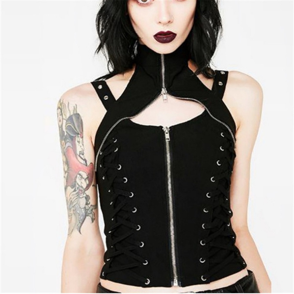 Goth Punk High Neck Zipper Double Lace Up Top